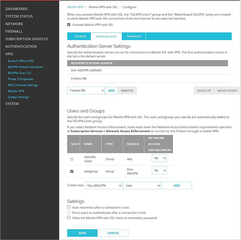 Screenshot of Authentication Servers configuration page on the Firebox